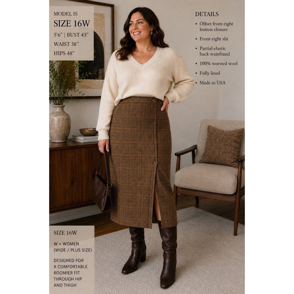 Vintage Jones New York 16W Wool Plaid Brown Midi Skirt Side Slit Button Front